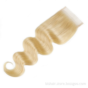 Wholesale Closure Hair Extension Blond Brazilian Real Hair 613 Remy Blond 1/3/4 Bunch Wavy 4x4 Hair Block Lace Closure 8-30 inch